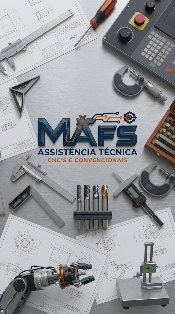 Banner MAFS Assistência Técnica CNC's e Convencionais: logo em destaque sobre bancada de metal com paquímetros, plantas técnicas e um comando CNC